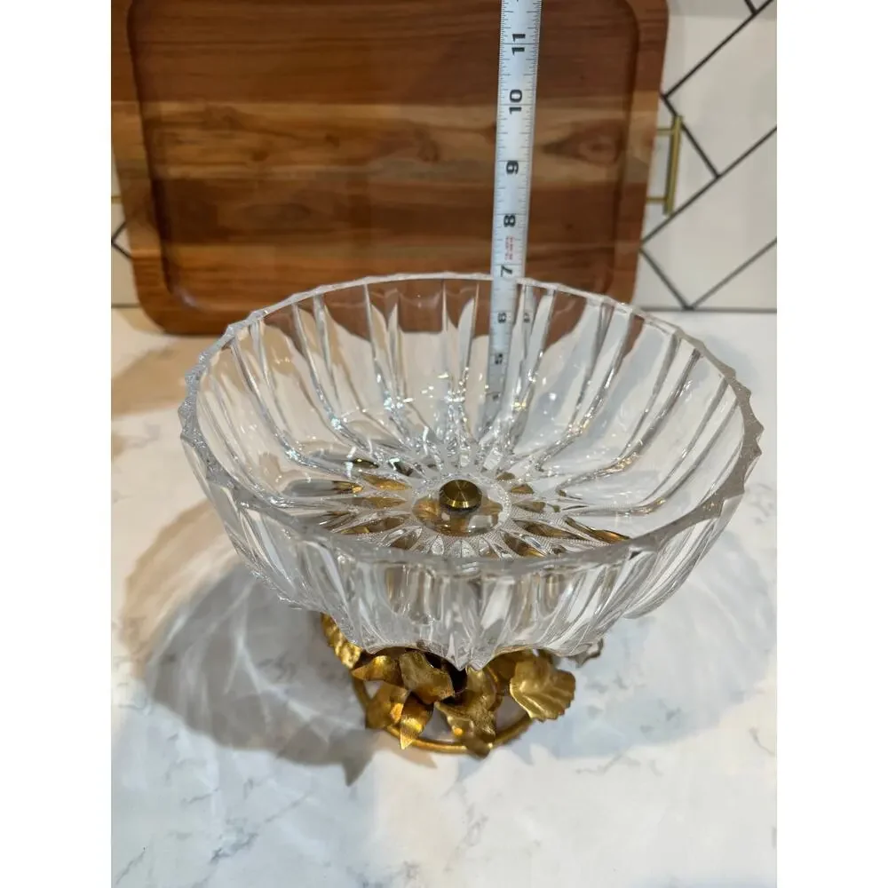 Hollywood Regency compote bowl crystal top gold-gilt cast brass pedestal base